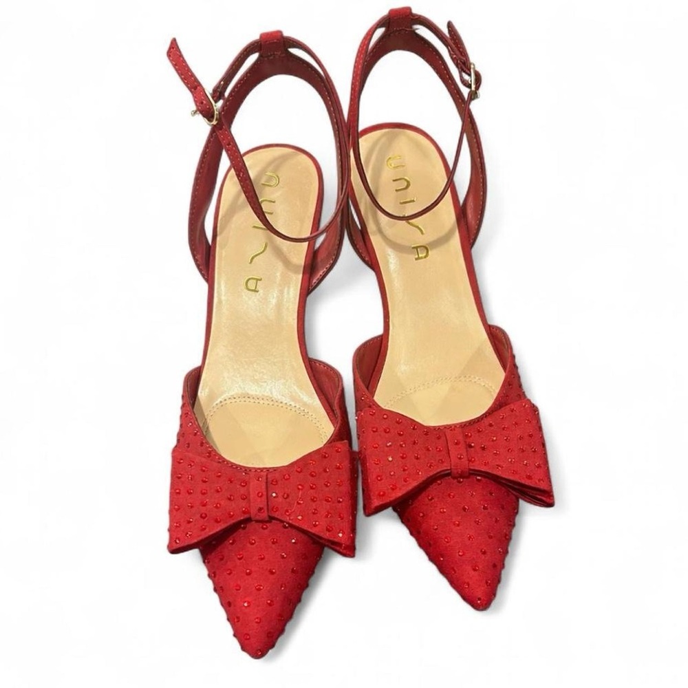 Red ASINU Rhinestone Bow Pointed-Toe Heels with Ankle Strap – Open Back